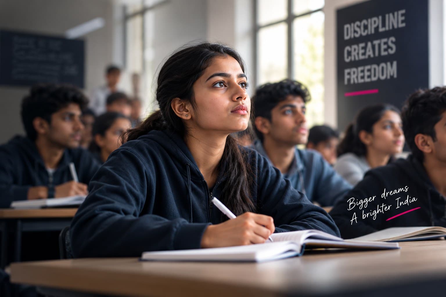 A student in a classroom, looking up from her notebook, with classmates behind her